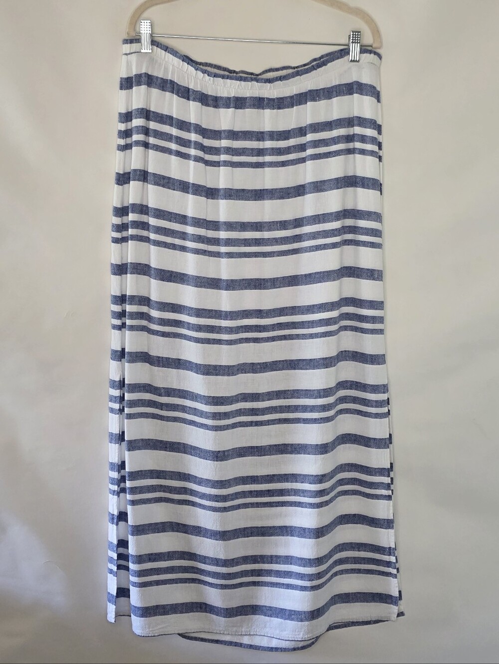 LINEN Blend Striped Maxi Skirt Size L Tall Lightweight Nautical Stretch Coastal